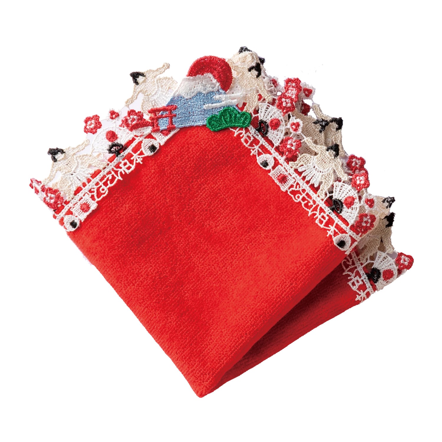 近沢レース店 タオルハンカチ2枚セット どすこい日本(ホワイト/レッド)