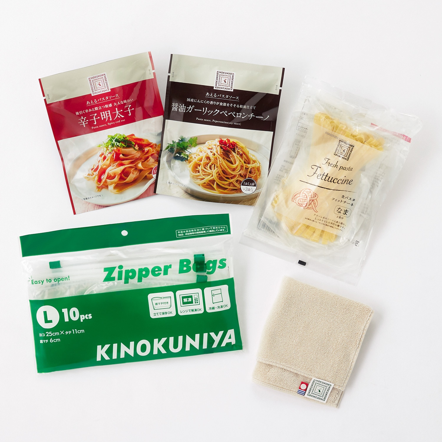 紀ノ国屋 あえるパスタソースと生フィットチーネ＆スライドジッパーバッグ＆ロゴタオルハンカチ